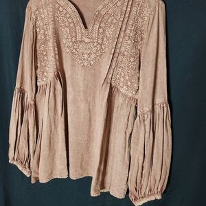 Embroidered Boho Blouse - Tan